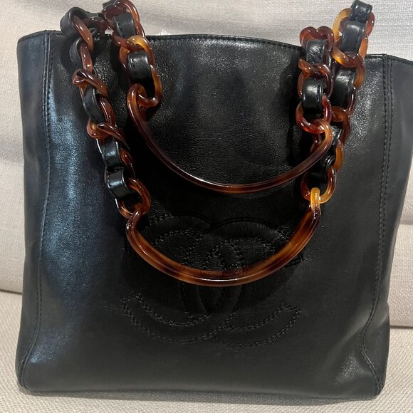 Chanel Black Lambskin Small Tote With Leather Interwoven Tortoise Resin Chains - Picture 1 of 9